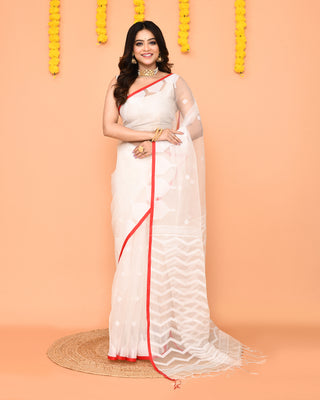 Piyari Fashion Women's White Resham Silk Jamdani Saree