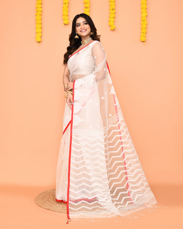 Piyari Fashion Women's White Resham Silk Jamdani Saree