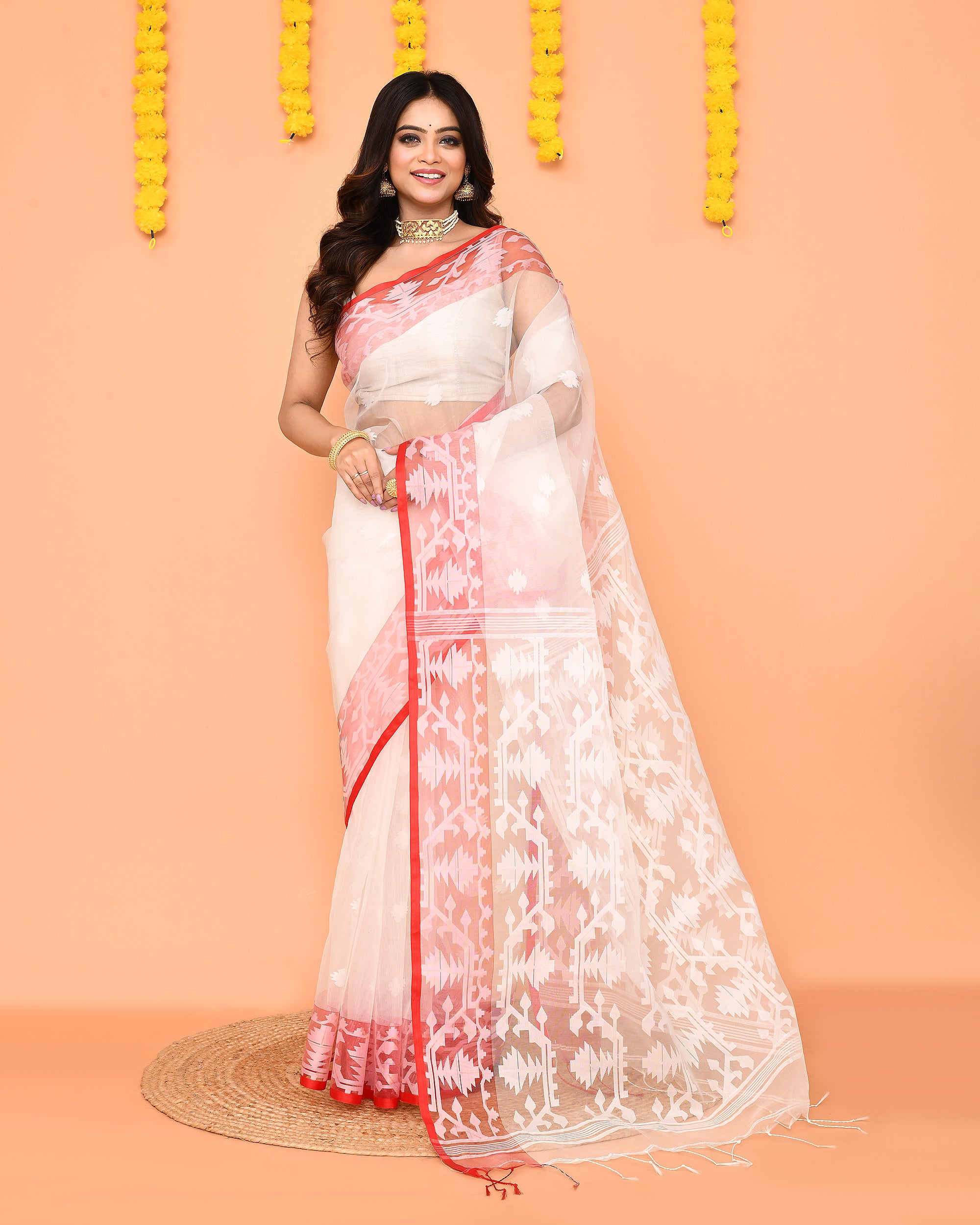 Piyari Fashion Women's White Resham Silk Jamdani Saree