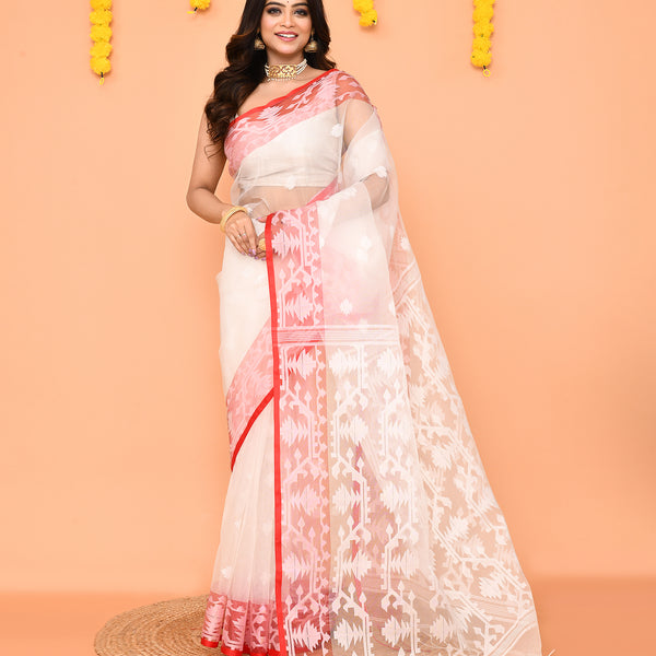 Piyari Fashion Women's White Resham Silk Jamdani Saree