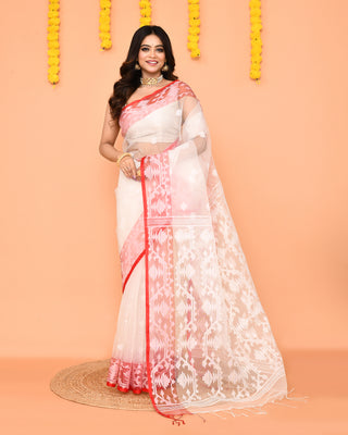 Piyari Fashion Women's White Resham Silk Jamdani Saree