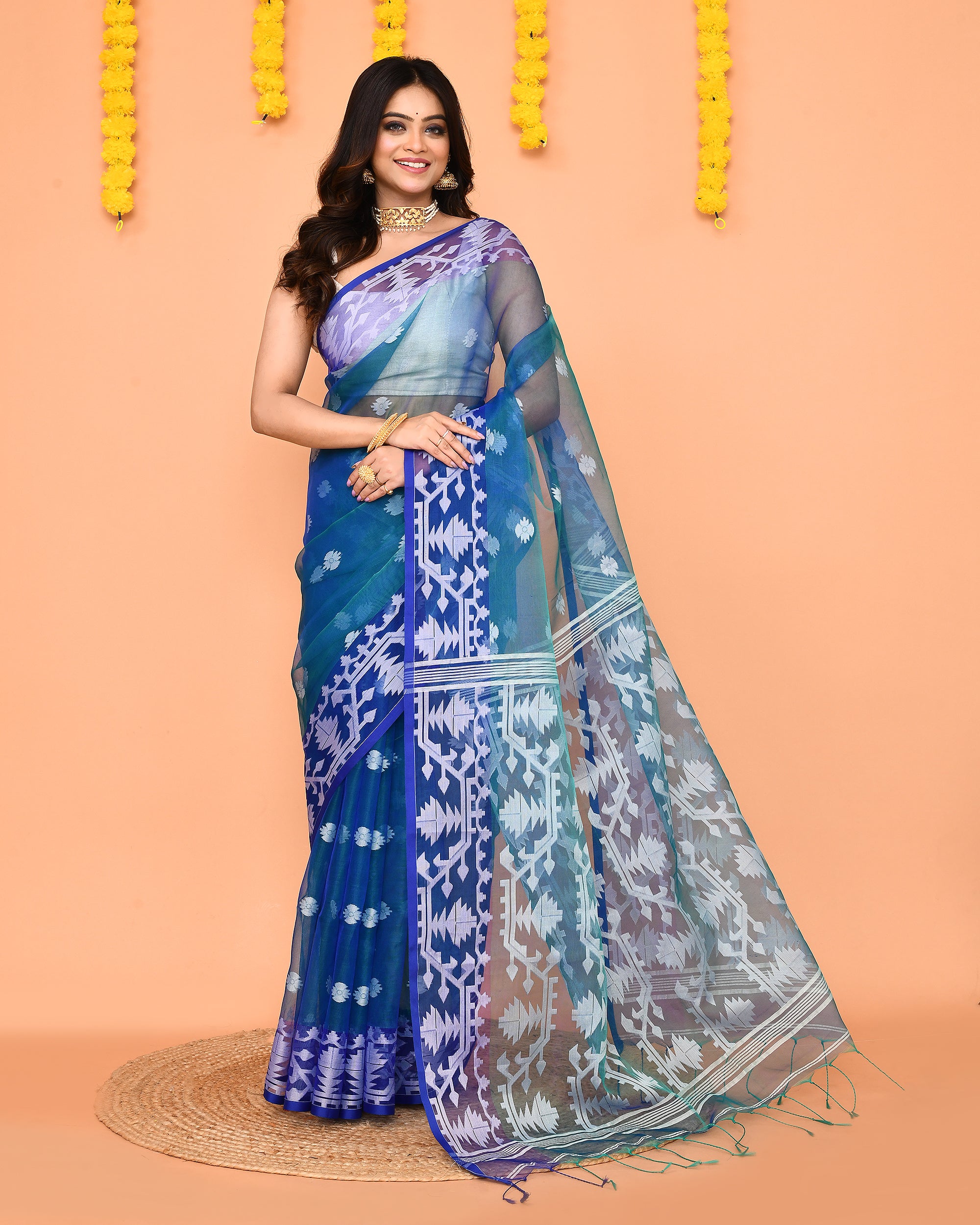 Piyari Fashion Women's Blue Resham Silk Jamdani Saree