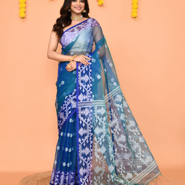 Piyari Fashion Women's Blue Resham Silk Jamdani Saree