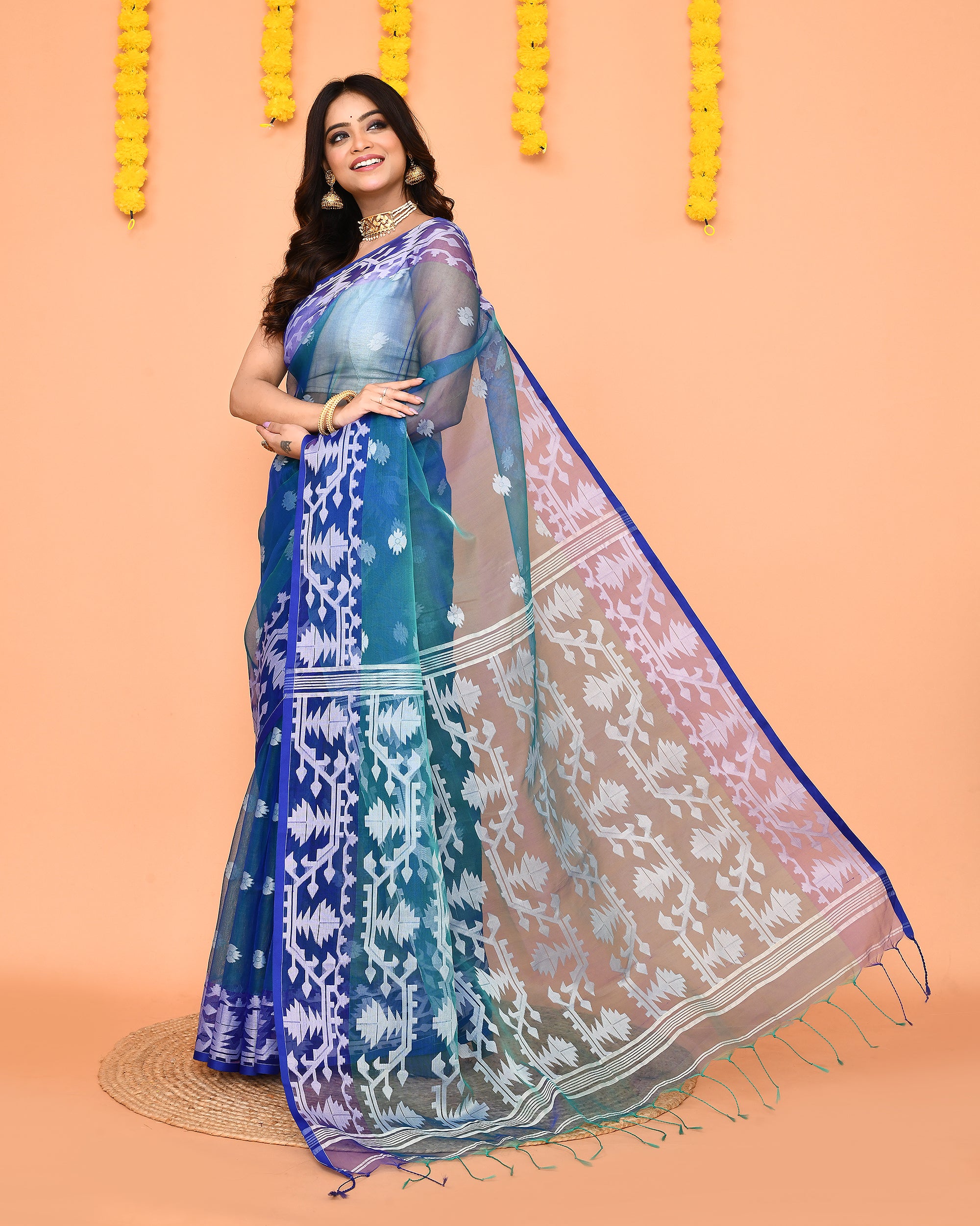Piyari Fashion Women's Blue Resham Silk Jamdani Saree