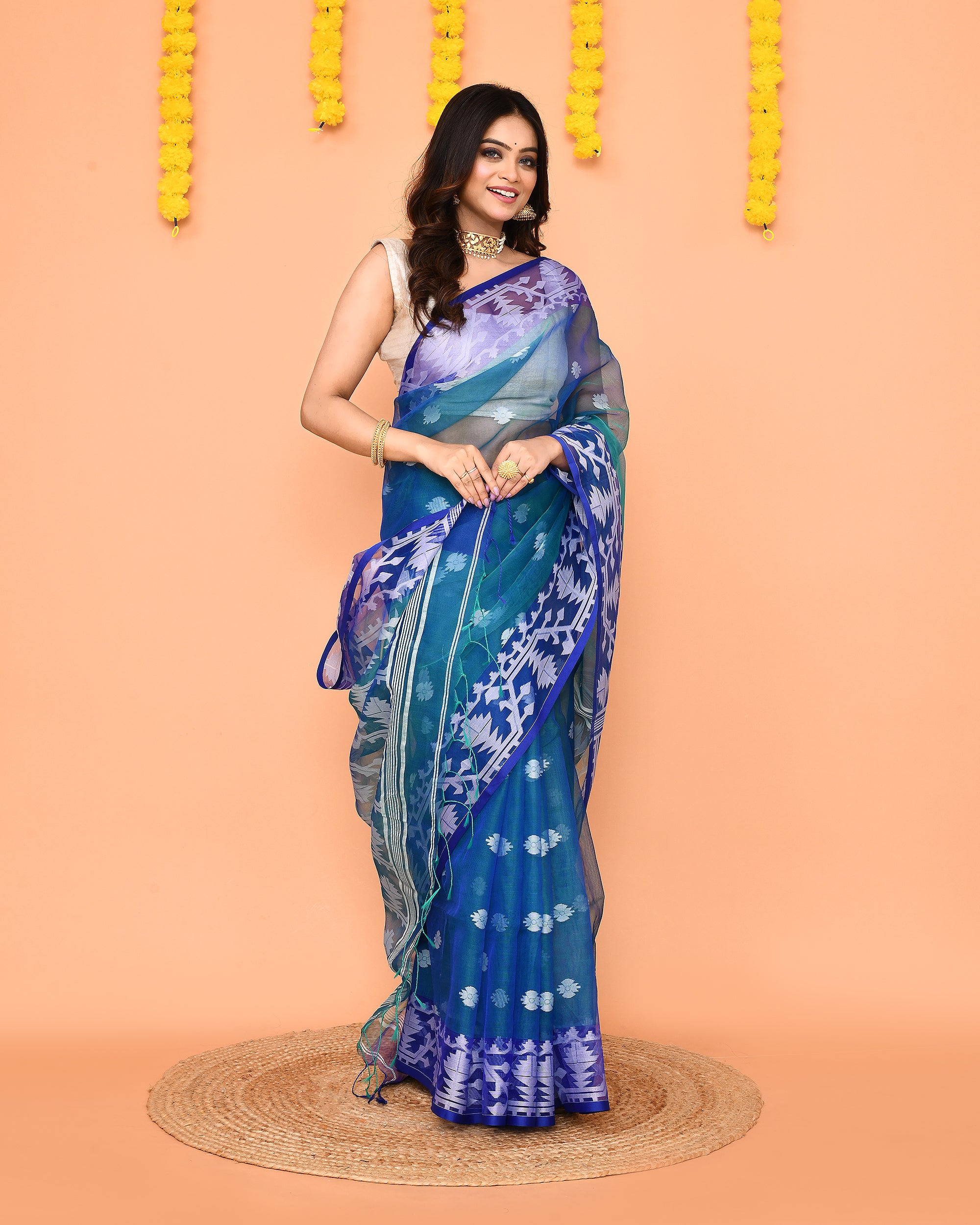 Piyari Fashion Women's Blue Resham Silk Jamdani Saree