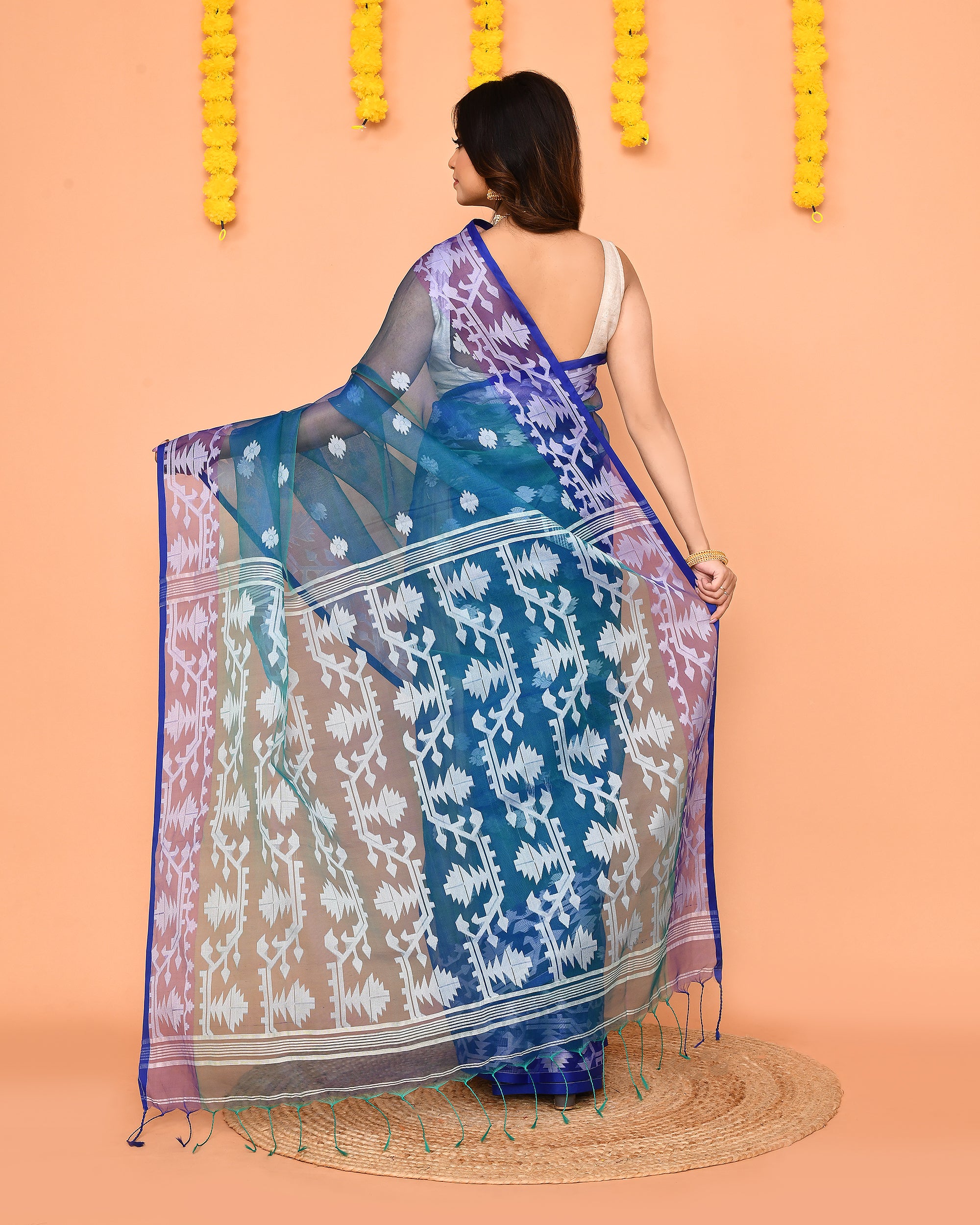 Piyari Fashion Women's Blue Resham Silk Jamdani Saree