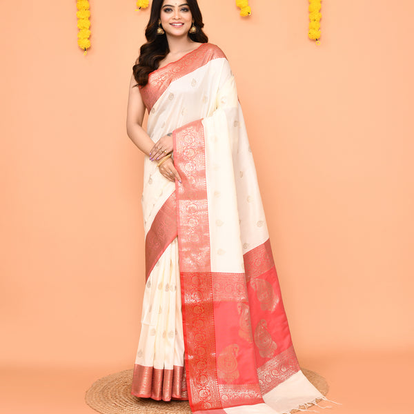 Piyari Fashion Women's Handloom Off White Bangalore Silk Saree With Zari Border