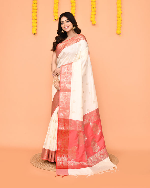 Piyari Fashion Women's Handloom Off White Bangalore Silk Saree With Zari Border