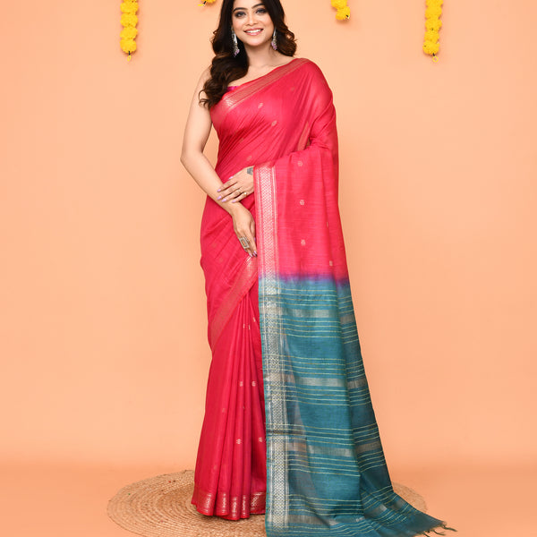 Piyari Fashion Women's Handloom Rani Blend Silk Saree With Zari Border