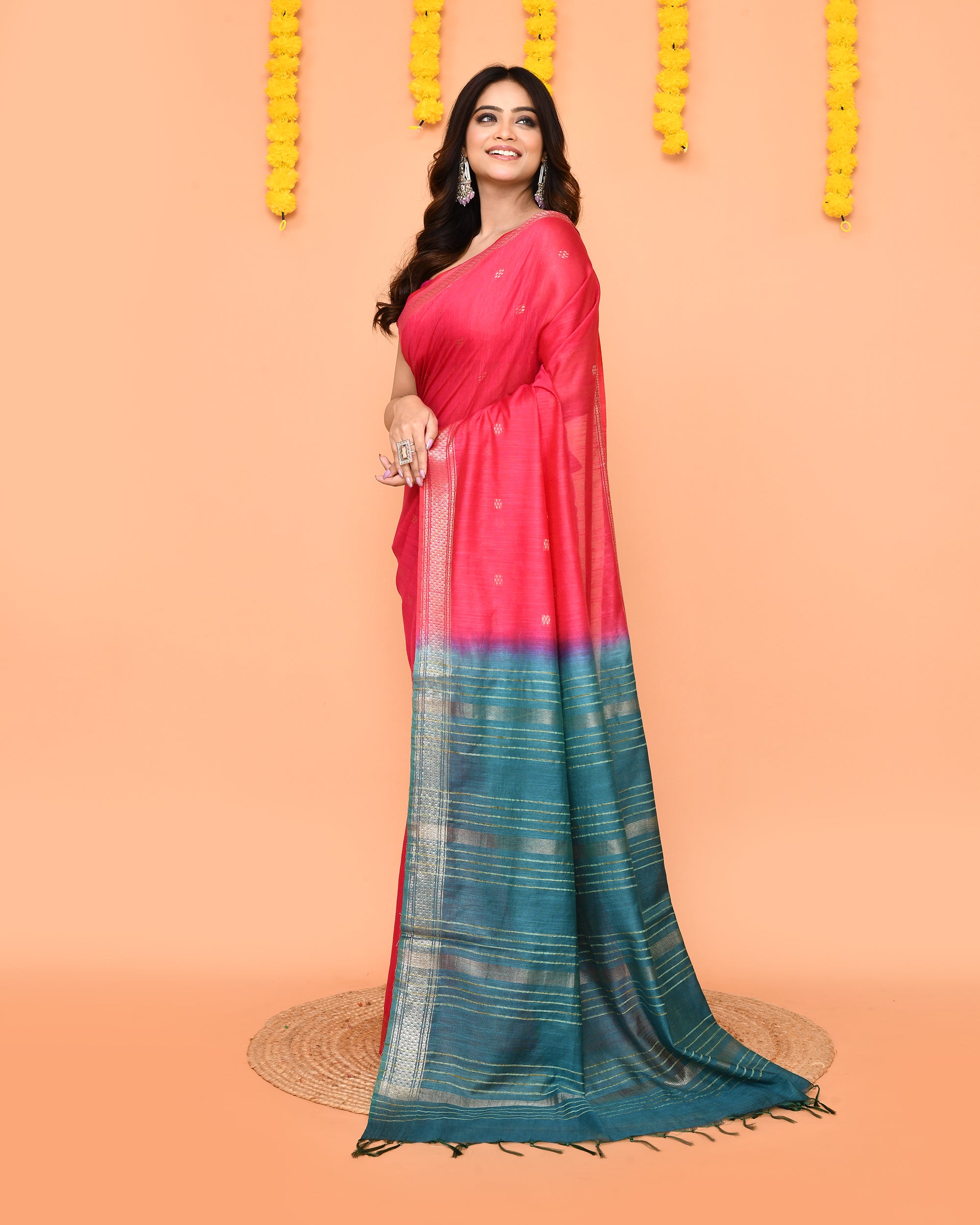 Piyari Fashion Women's Handloom Rani Blend Silk Saree With Zari Border