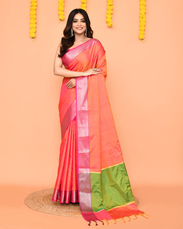 Piyari Fashion Women's Handloom Pink Orange Dual Tone Bangalore Silk Saree With Zari Border - Distacart