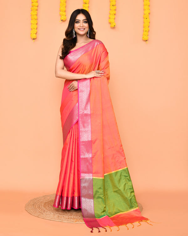 Piyari Fashion Women's Handloom Pink Orange Dual Tone Bangalore Silk Saree With Zari Border