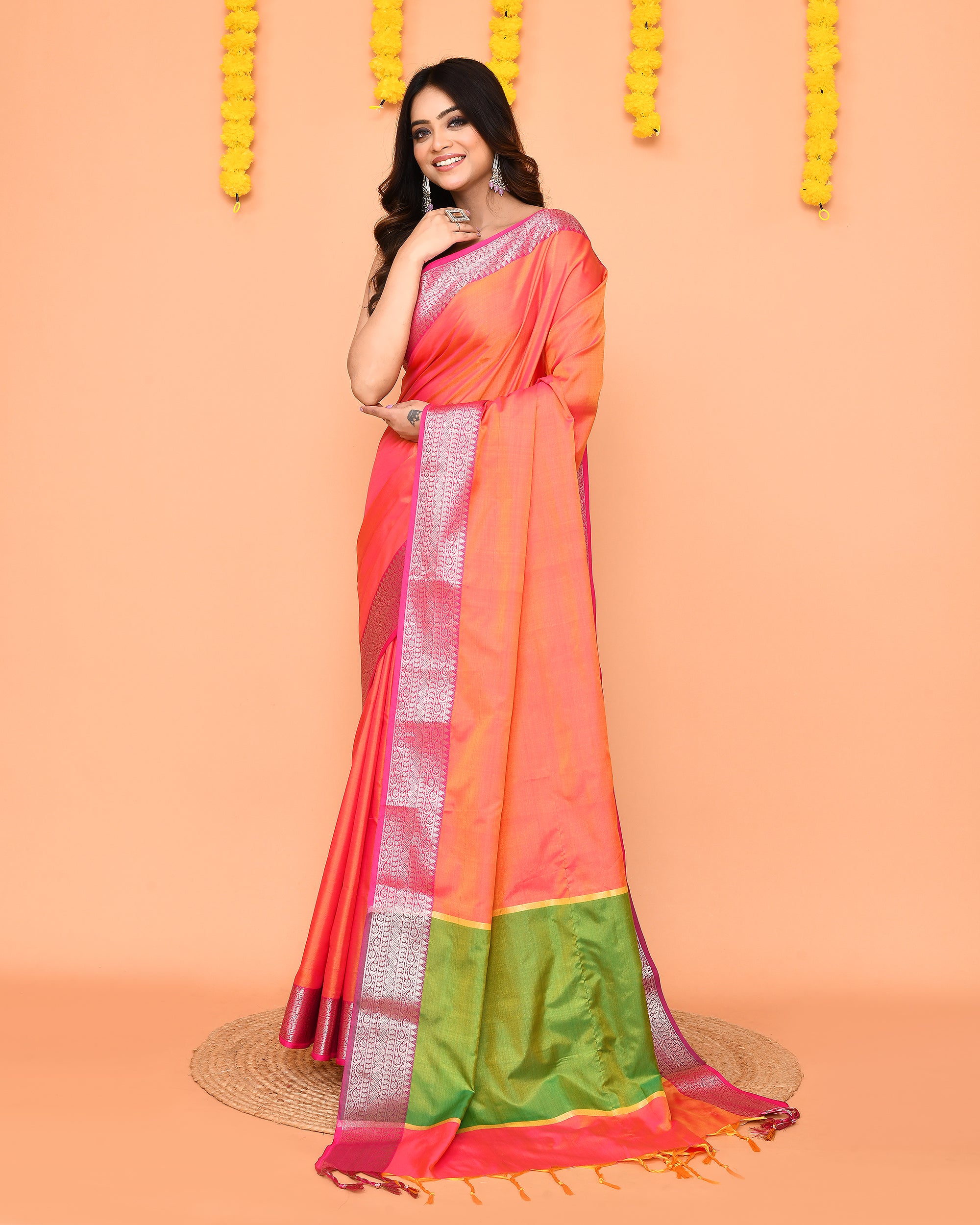 Piyari Fashion Women's Handloom Pink Orange Dual Tone Bangalore Silk Saree With Zari Border