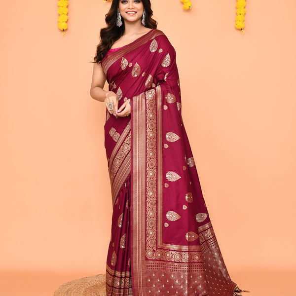 Piyari Fashion Women's Handloom Deep Magenta Bangalore Silk Saree With Zari Border