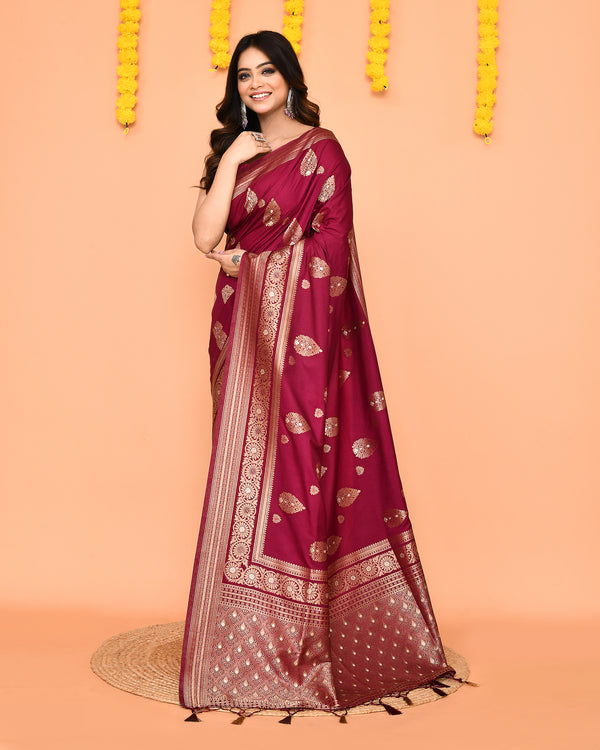 Piyari Fashion Women's Handloom Deep Magenta Bangalore Silk Saree With Zari Border