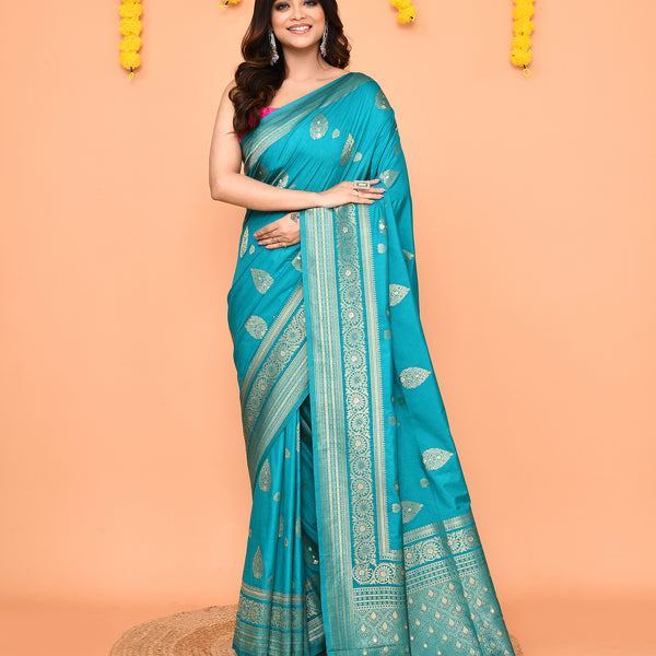 Piyari Fashion Women's Handloom Turquoise Bangalore Silk Saree With Zari Border