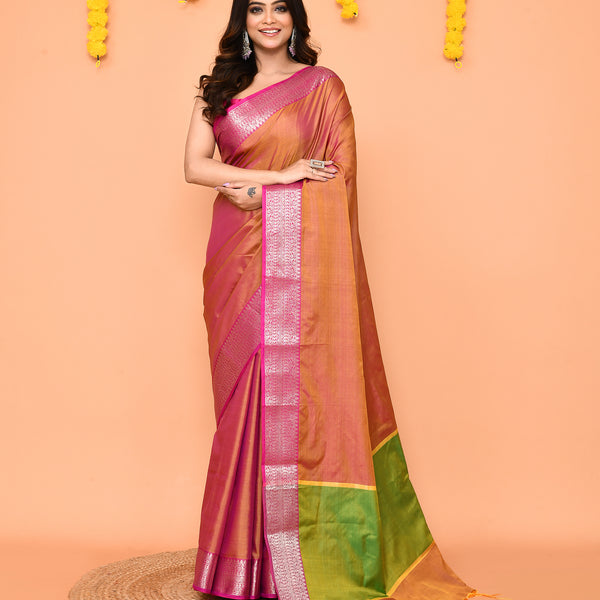 Piyari Fashion Women's Handloom Pastel Pink Yellow Bangalore Silk Saree With Zari Border