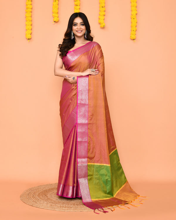 Piyari Fashion Women's Handloom Pastel Pink Yellow Bangalore Silk Saree With Zari Border
