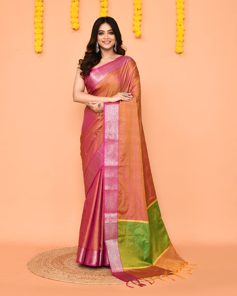Piyari Fashion Women's Handloom Pastel Pink Yellow Bangalore Silk Saree With Zari Border
