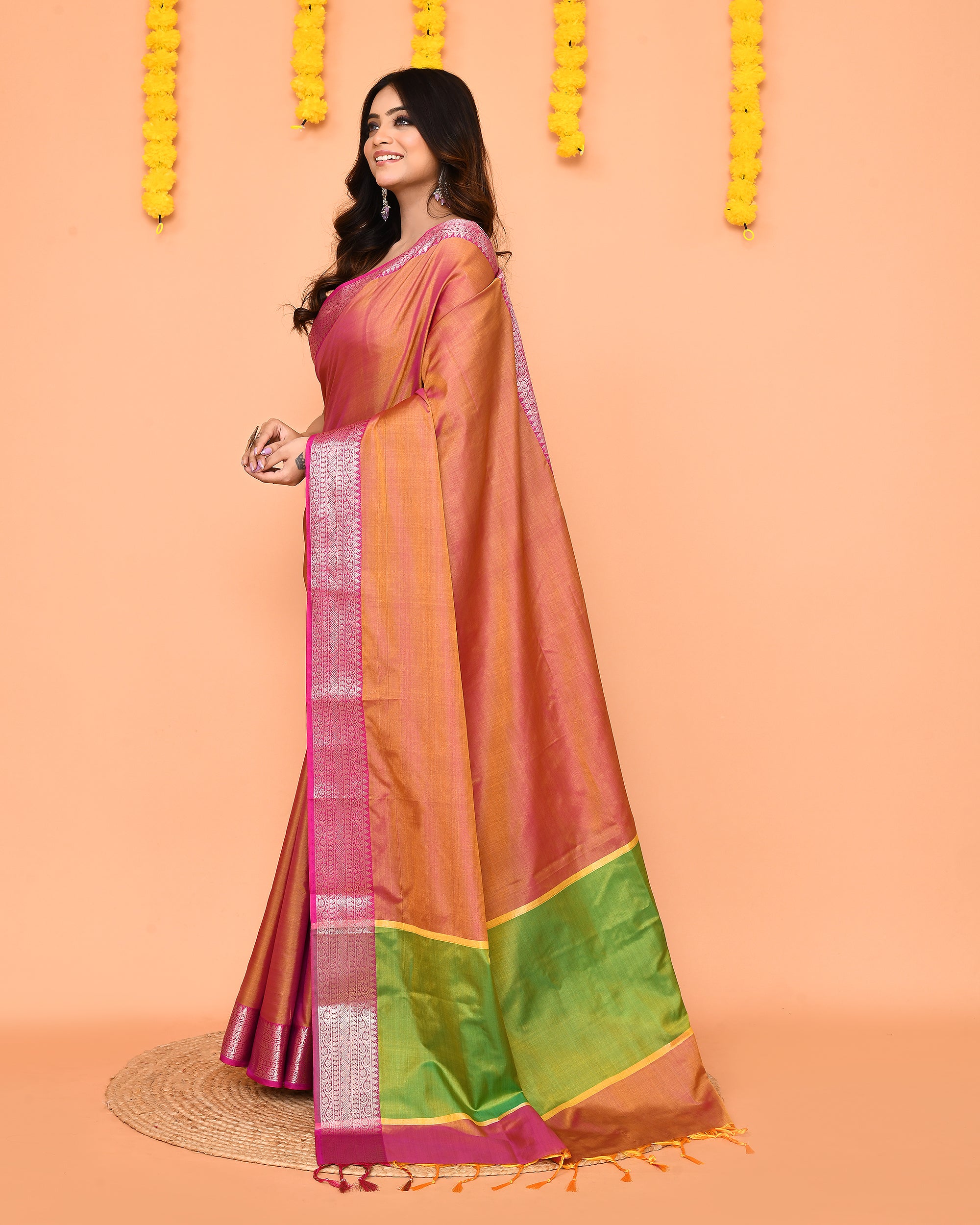 Piyari Fashion Women's Handloom Pastel Pink Yellow Bangalore Silk Saree With Zari Border
