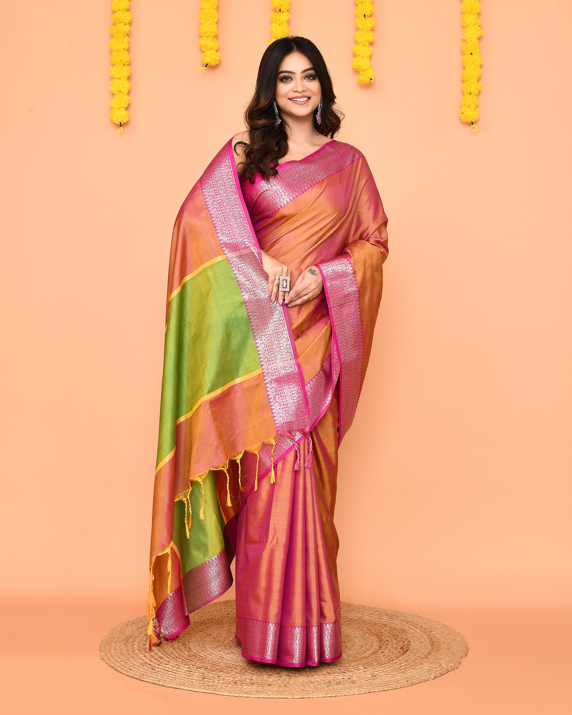 Piyari Fashion Women's Handloom Pastel Pink Yellow Bangalore Silk Saree With Zari Border
