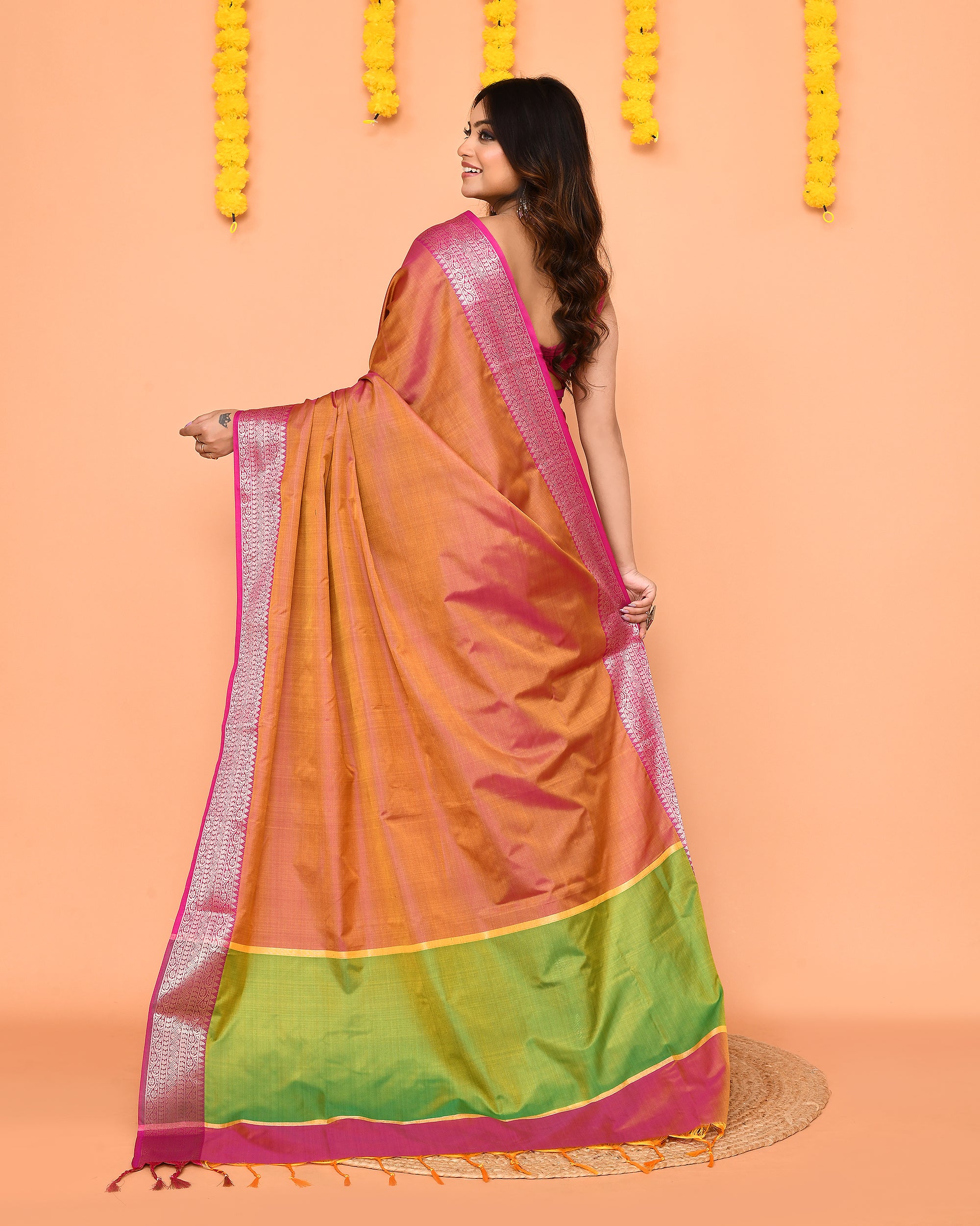 Piyari Fashion Women's Handloom Pastel Pink Yellow Bangalore Silk Saree With Zari Border