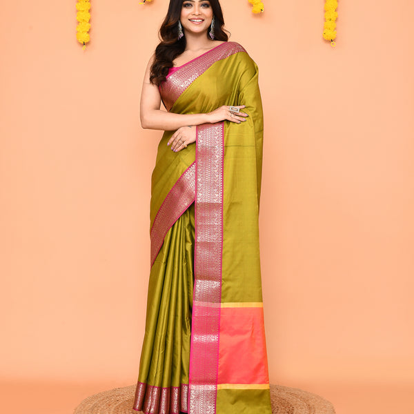 Piyari Fashion Women's Handloom Olive Bangalore Silk Saree With Zari Border - Distacart