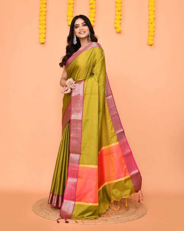 Piyari Fashion Women's Handloom Olive Bangalore Silk Saree With Zari Border