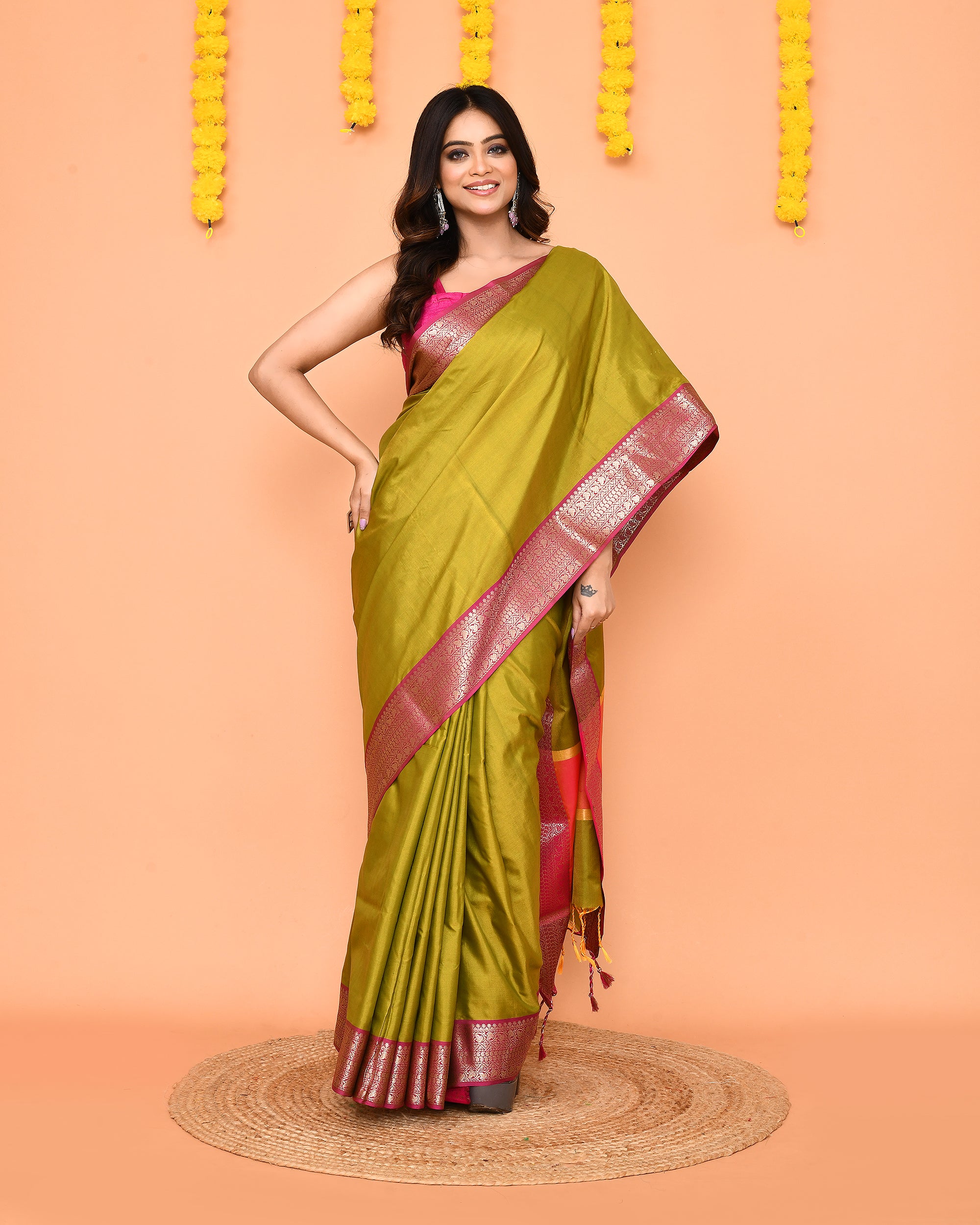 Piyari Fashion Women's Handloom Olive Bangalore Silk Saree With Zari Border