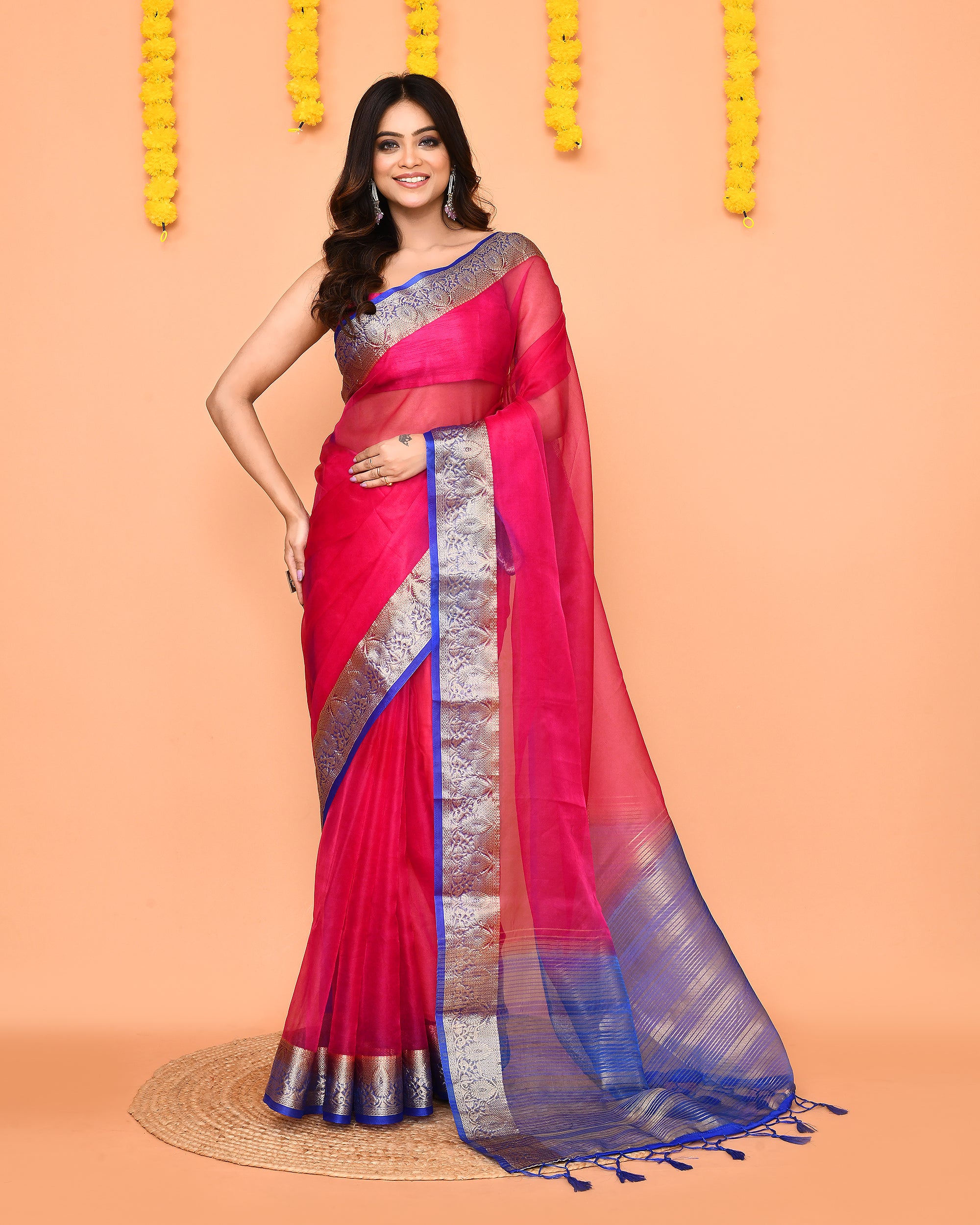Piyari Fashion Women's Rani Pink Organza Silk Saree With Zari Border