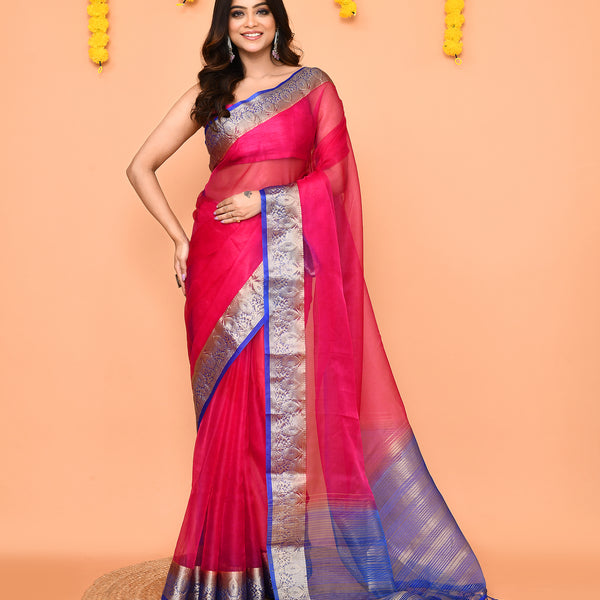 Piyari Fashion Women's Rani Pink Organza Silk Saree With Zari Border