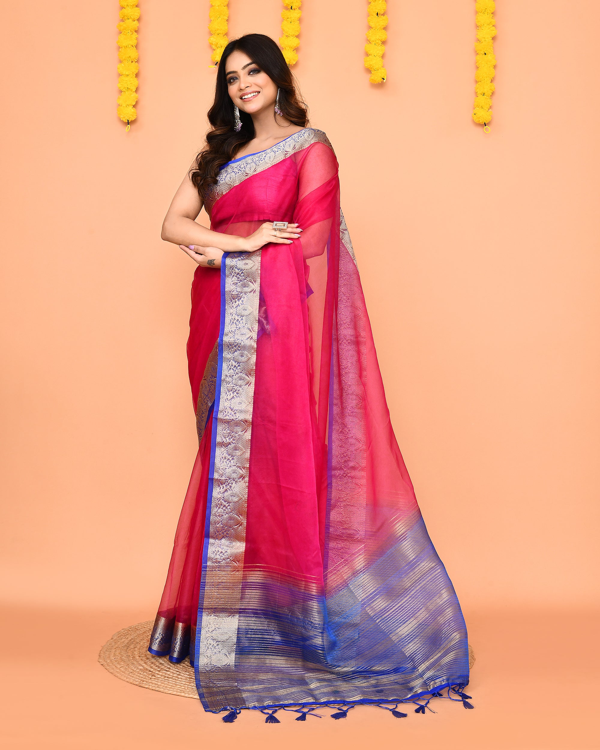 Piyari Fashion Women's Rani Pink Organza Silk Saree With Zari Border
