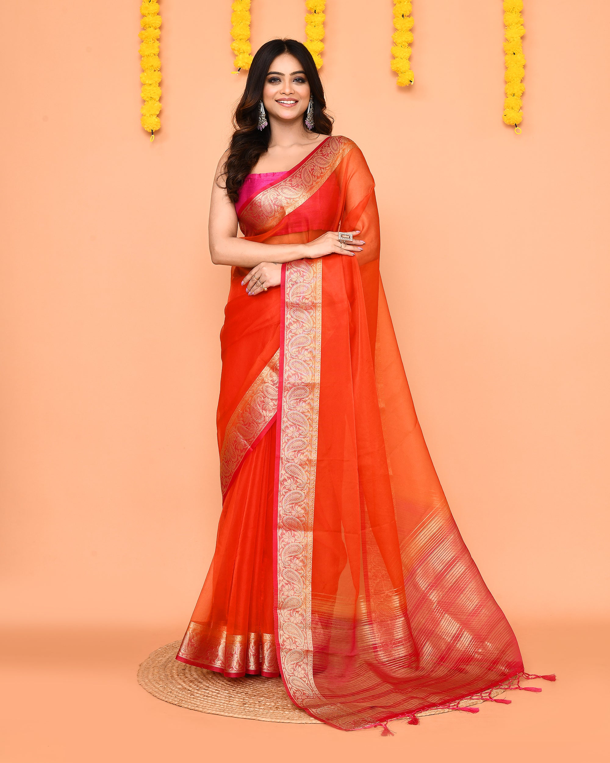 Piyari Fashion Women's Orange Organza Silk Saree With Zari Border