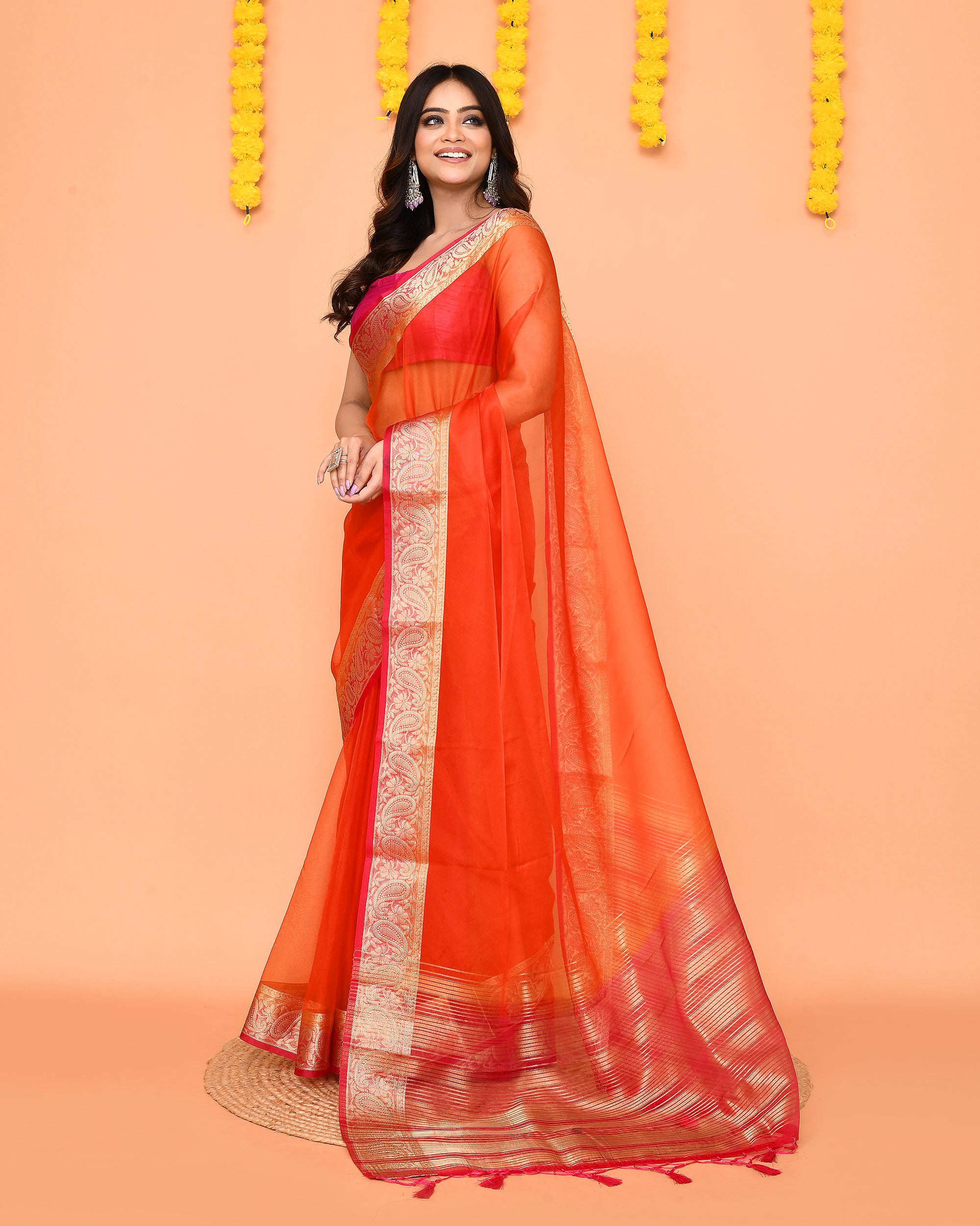 Piyari Fashion Women's Orange Organza Silk Saree With Zari Border