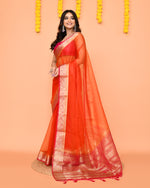 Thumbnail for Piyari Fashion Women's Orange Organza Silk Saree With Zari Border