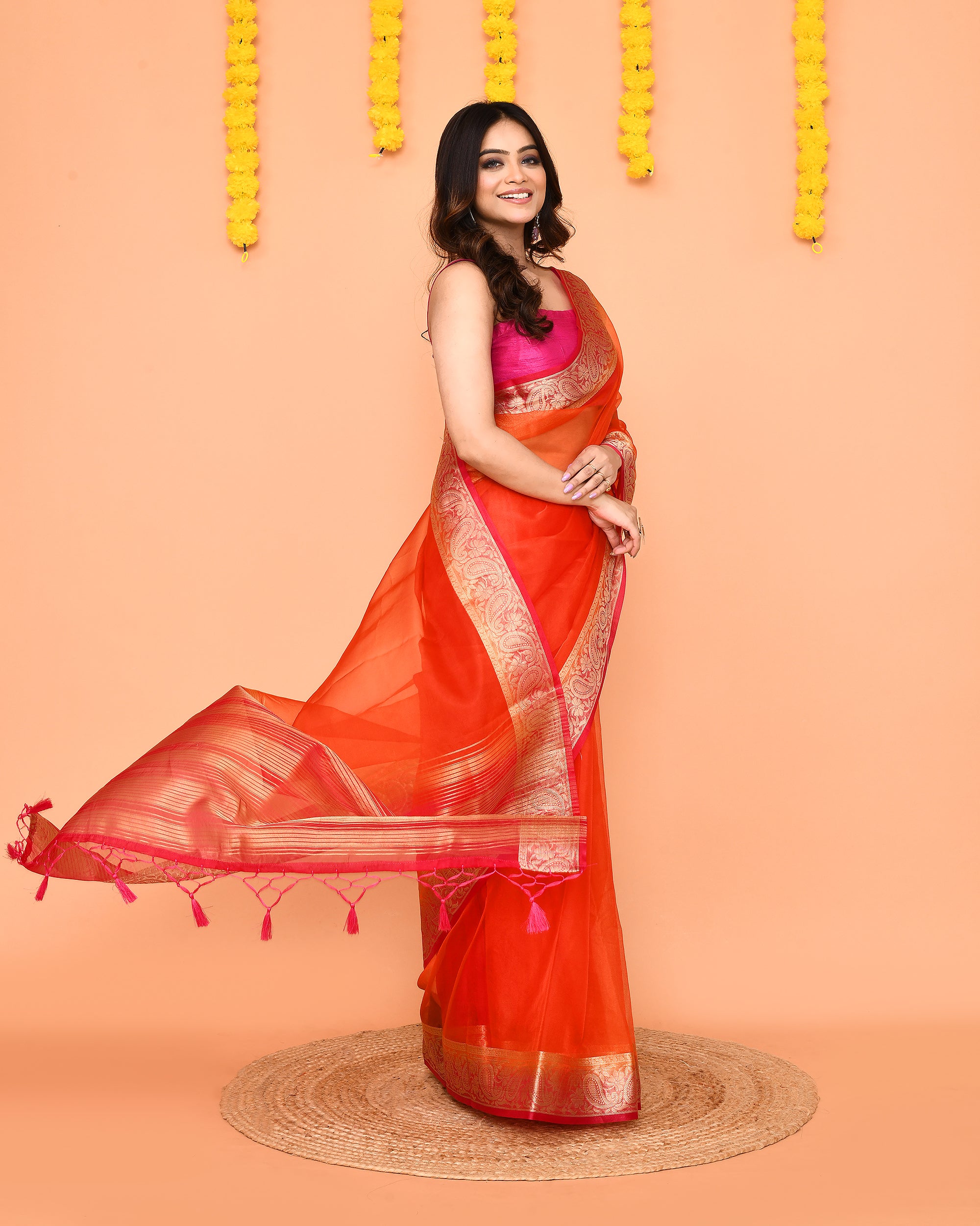 Piyari Fashion Women's Orange Organza Silk Saree With Zari Border