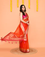Thumbnail for Piyari Fashion Women's Orange Organza Silk Saree With Zari Border
