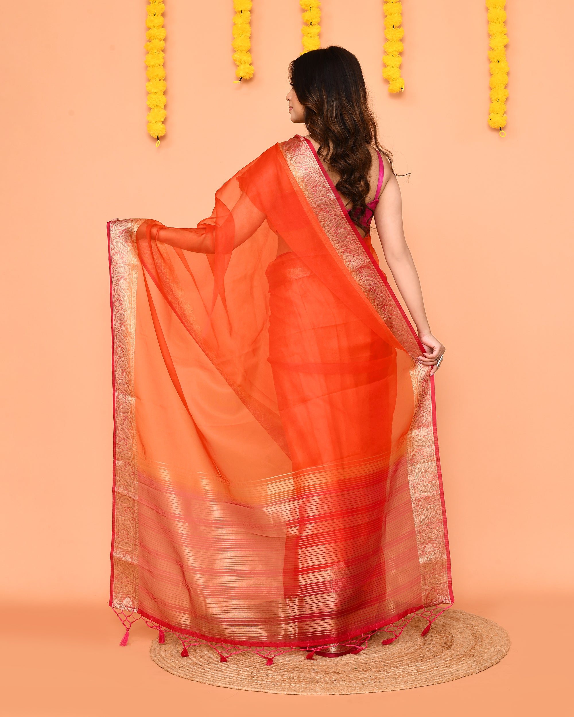 Piyari Fashion Women's Orange Organza Silk Saree With Zari Border