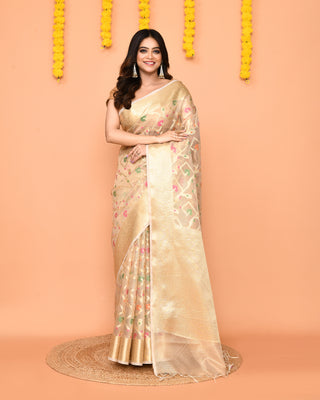 Piyari Fashion Women's Handloom Beige Bangalore Silk Saree With Zari Border