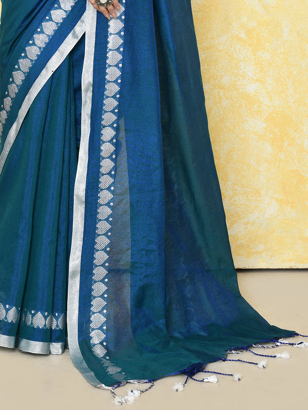 Piyari Fashion Women's Love Border Navy Blue Tissue Saree With Blouse Piece