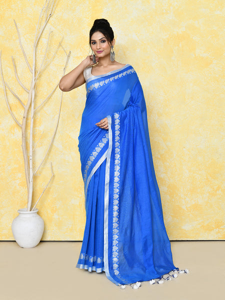 Piyari Fashion Women's Love Border Turquoise Blue Tissue Saree With Blouse Piece