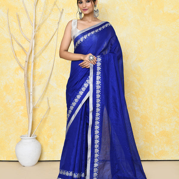 Piyari Fashion Women's Love Border Royal Blue Tissue Saree With Blouse Piece