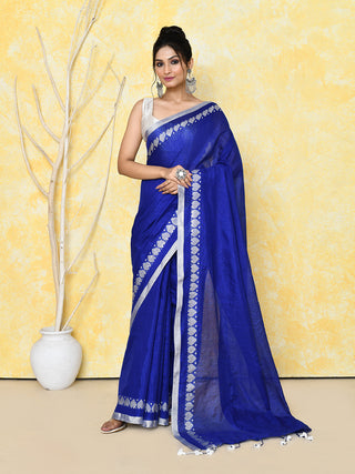Piyari Fashion Women's Love Border Royal Blue Tissue Saree With Blouse Piece