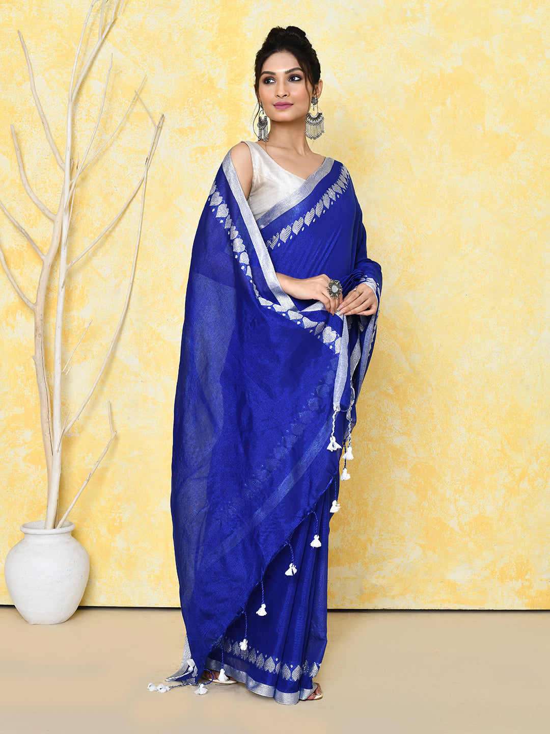 Piyari Fashion Women's Love Border Royal Blue Tissue Saree With Blouse Piece
