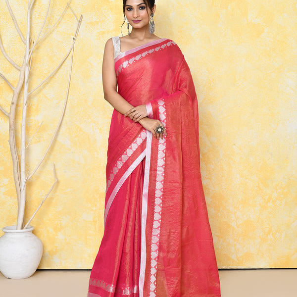 Piyari Fashion Women's Love Border Tomato Red Tissue Saree With Blouse Piece