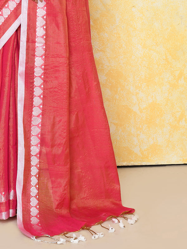 Piyari Fashion Women's Love Border Tomato Red Tissue Saree With Blouse Piece
