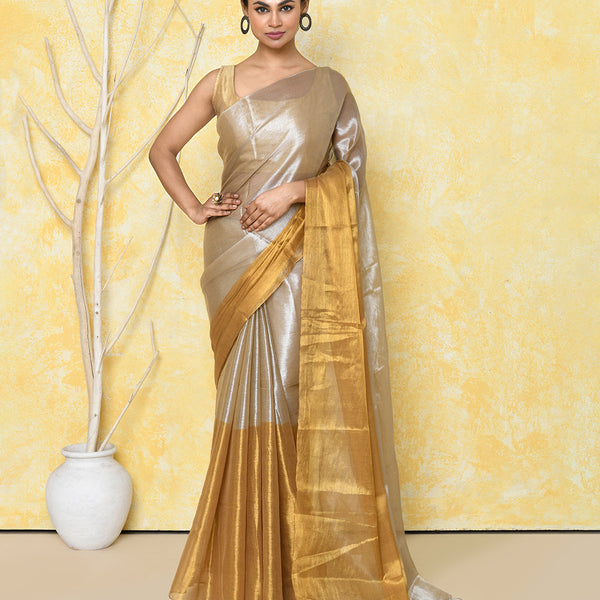 Piyari Fashion Women's Silver Gold Organic Tissue Saree With Blouse Piece