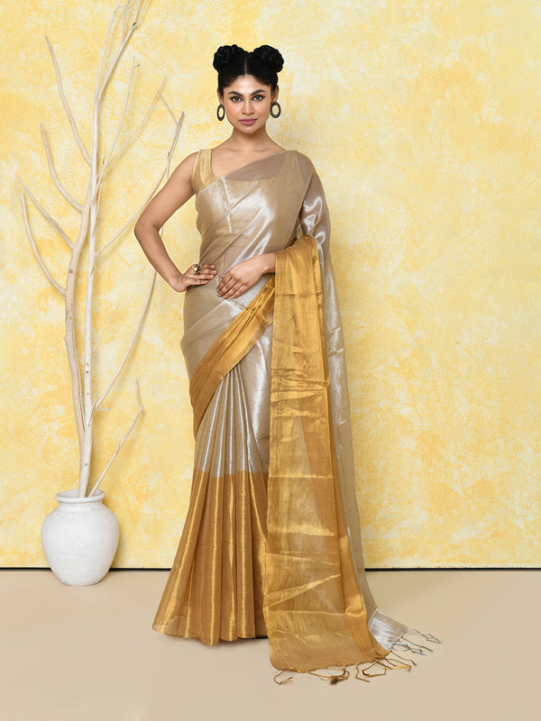 Piyari Fashion Women's Silver Gold Organic Tissue Saree With Blouse Piece