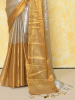Thumbnail for Piyari Fashion Women's Silver Gold Organic Tissue Saree With Blouse Piece