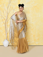 Thumbnail for Piyari Fashion Women's Silver Gold Organic Tissue Saree With Blouse Piece